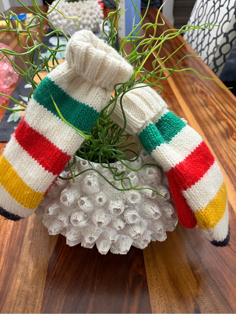 Striped Knit Mittens in Cream, Green, Red & Yellow -